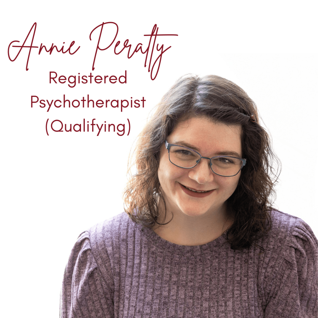A portrait of infertility counselor Annie Peralty with a white background and her name written in a burgundy script and Registered Psychotherapist (Qualifying) typed in Burgundy above and to the left of Annie