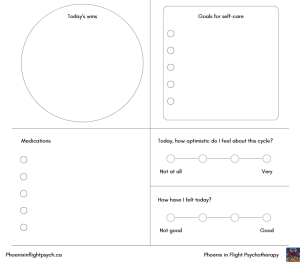 Image of a portion of the Fertility Treatment Daily Check-in worksheet created by Annie Peralty, Registered Psychotherapist Qualifying and fertility counsellor. Areas of the worksheet displayed are: today's wins, goals for self-care, medications, how optimistic do I feel about this cycle, and how have I felt today