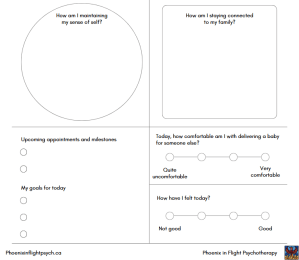 Image of a portion of the Gestational Carrier Daily Check-in worksheet created by Annie Peralty, Registered Psychotherapist Qualifying and fertility counsellor. Areas of the worksheet displayed are: How am I maintaining my sense of self?, How am I connecting to my family?, upcoming appointments, goals for today, how comfortable am I with delivering a child for someone else?, and how have I felt today