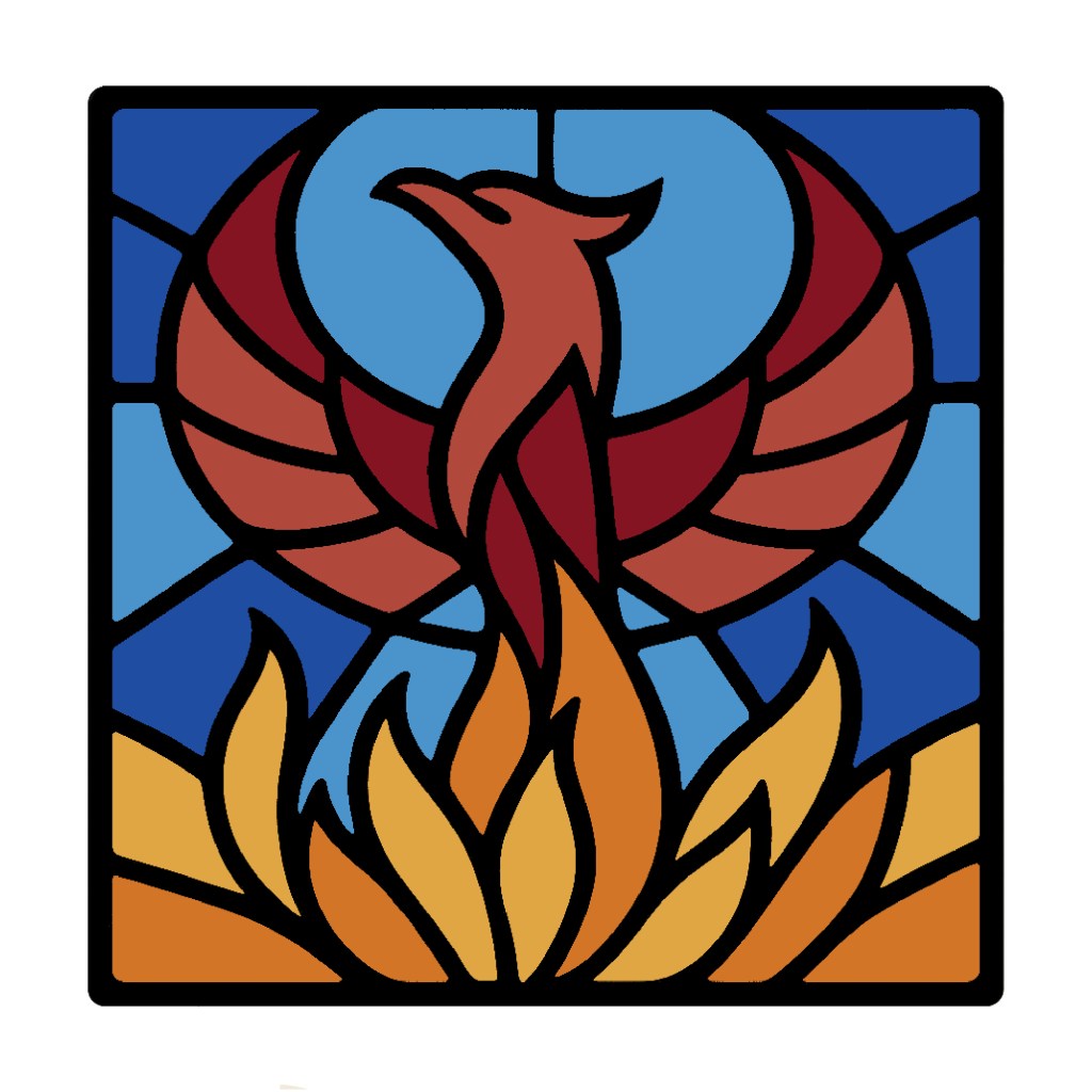 A simplified drawing of a phoenix in flight in the style of a stained glass. This image was inspired and based on the mosaic stained glass phoenix that Annie Peralty, Registered Psychotherapist (Qualifying) created while on her own journey through infertility and child loss.