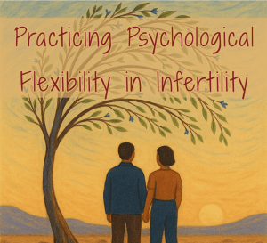 Image of the title page of the Psychological Flexibility workbook. This image contains two individuals, holding hands, facing towards the sunrise. They are under a tree in bloom bending in the wind. The title reads Practicing Psychological Flexibility in Infertility. This workbook was created by Annie Peralty, Registered Psychotherapist Qualifying and fertility counsellor.